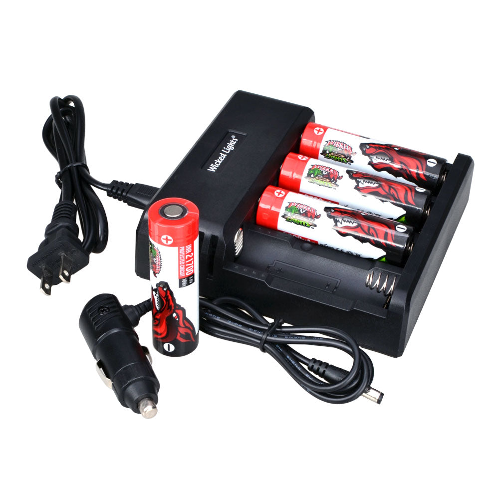 Wicked Lights® 4-Position Li-Ion Charger and 4 Pack Lithium Ion INR 21700 5000mAh Rechargeable Batteries W2068