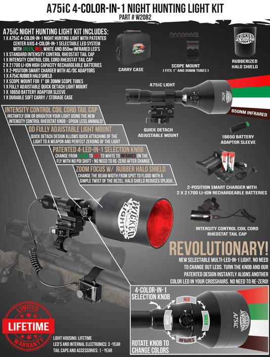 Wicked Lights A75iC 4-Color-In-1 (Red, 850nm Infrared (IR), Green, White) Night Hunting Light Kit For Coyote, Foxes, Hogs W2082