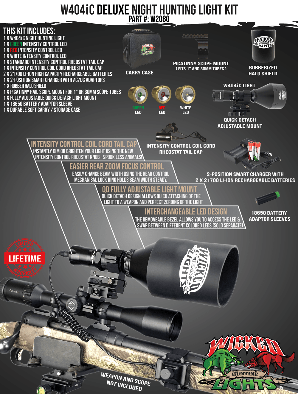 Wicked Lights® W404iC DELUXE with Green, Red and White LED's Night Hunting Light Kit for Hog, Coyote, and Predators W2080