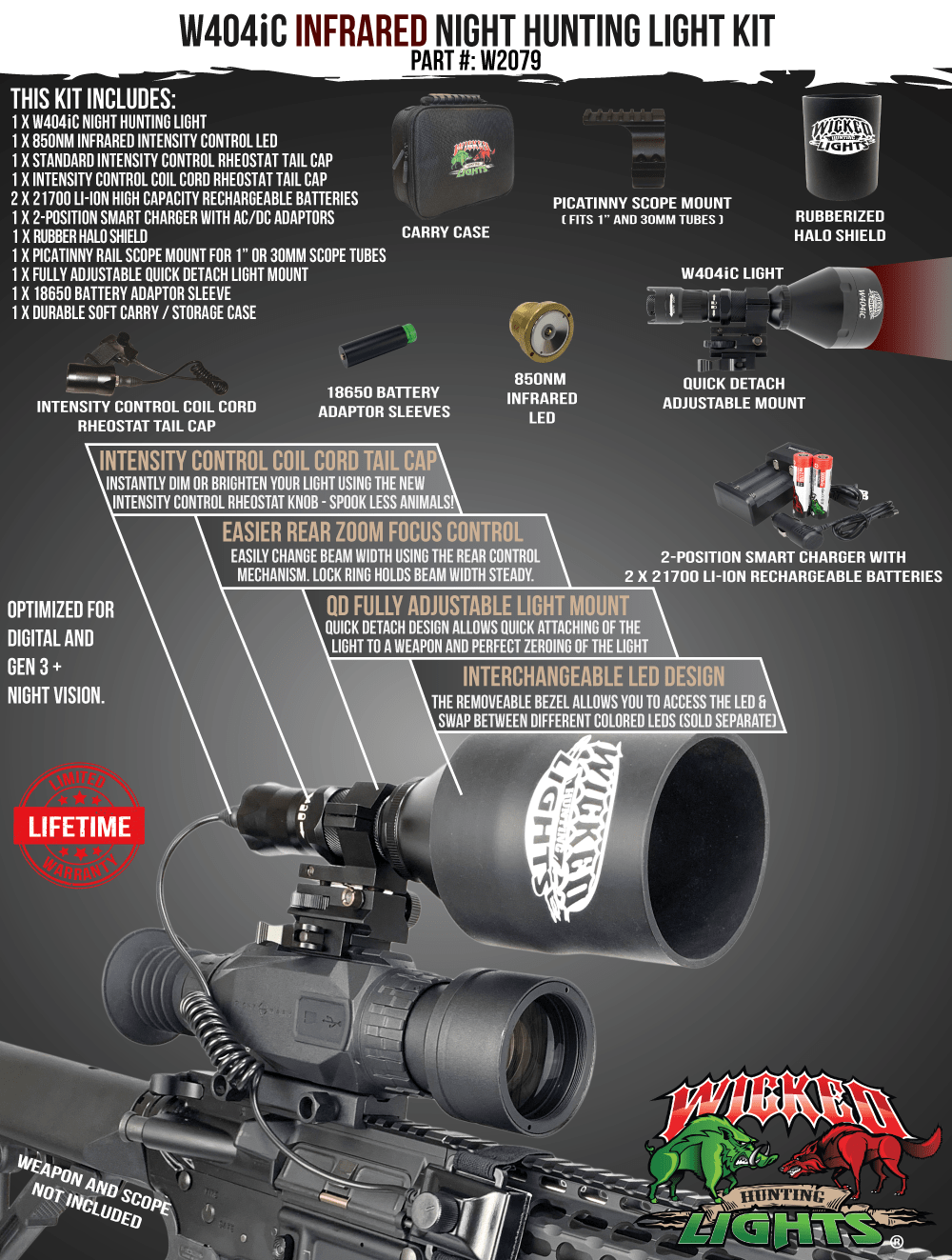 Wicked Lights® W404iC 850nm Infrared Night Hunting Light Kit for Night Vision ,Hog, Coyote, and Predators W2079