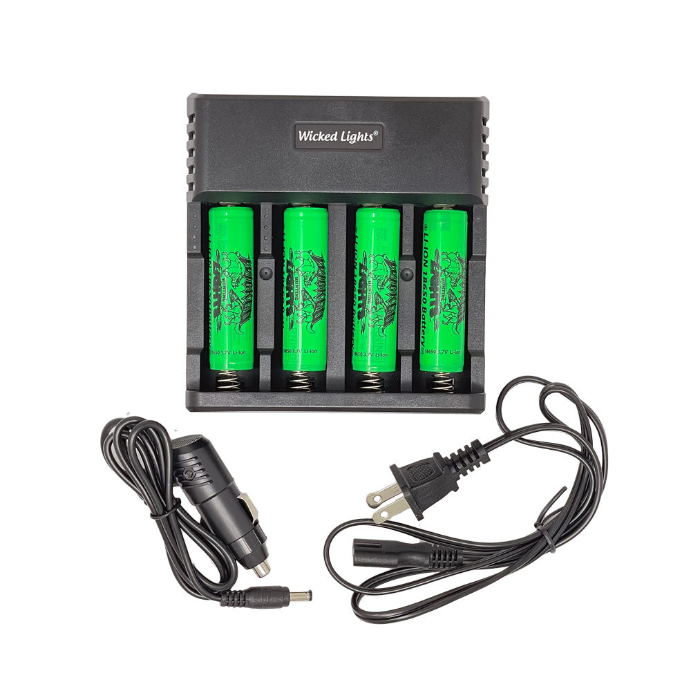 Wicked Lights Universal 4-Position Li-Ion Charger and 4 Pack Lithium Ion 18650 3200 mAh Rechargeable Batteries W2046