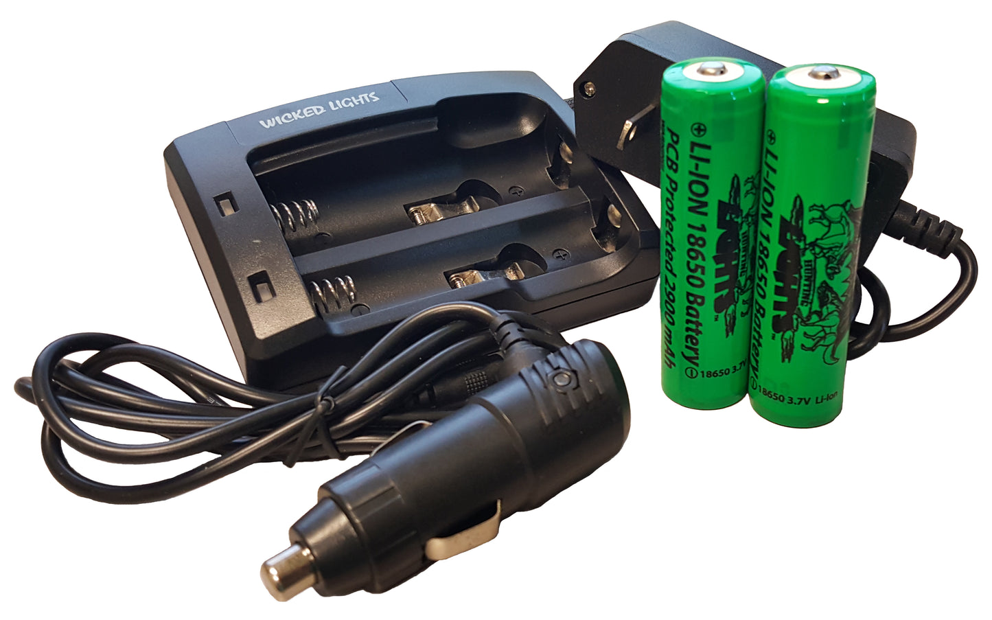 Wicked Lights™ 2-Position Charger and 2 Pack Lithium Ion 18650 3200 mAh Rechargeable Batteries W2045