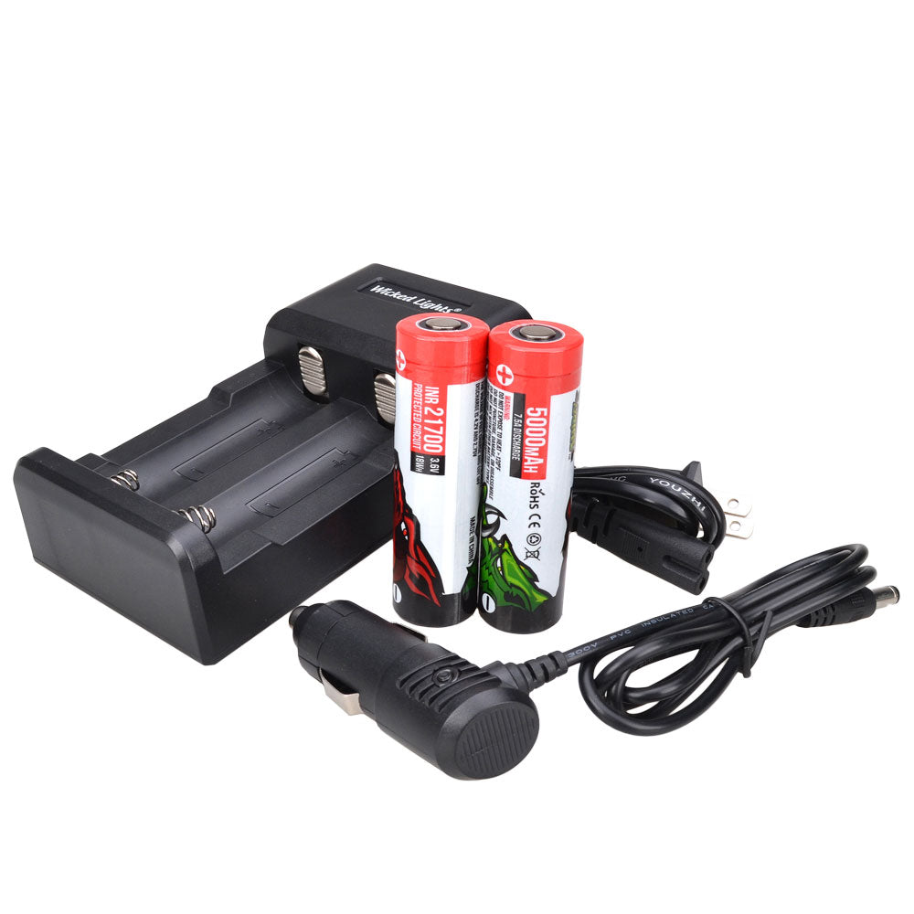 Wicked Lights® 2-Position Charger and 2 Pack Lithium Ion 21700 5000 mAh Rechargeable Batteries W2067