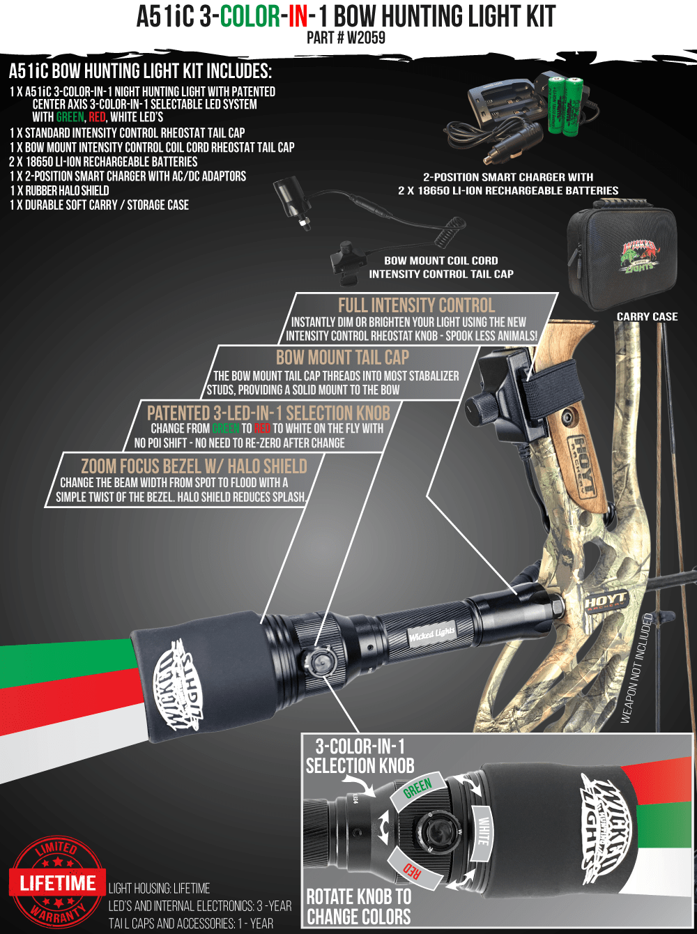 Wicked Lights® A51iC 3-Color-N-1 (Red, Green, White) Bow Light Night Hunting Flashlight Kit For Predator and Hog W2059