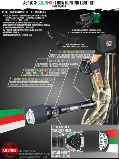Wicked Lights® A51iC 3-Color-N-1 (Red, Green, White) Bow Light Night Hunting Flashlight Kit For Predator and Hog W2059