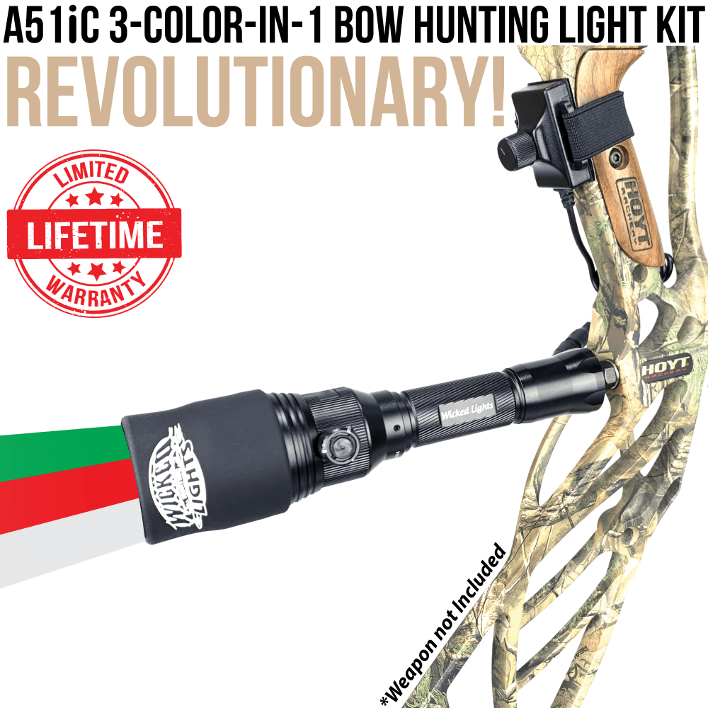 Wicked Lights® A51iC 3-Color-N-1 (Red, Green, White) Bow Light Night Hunting Flashlight Kit For Predator and Hog W2059