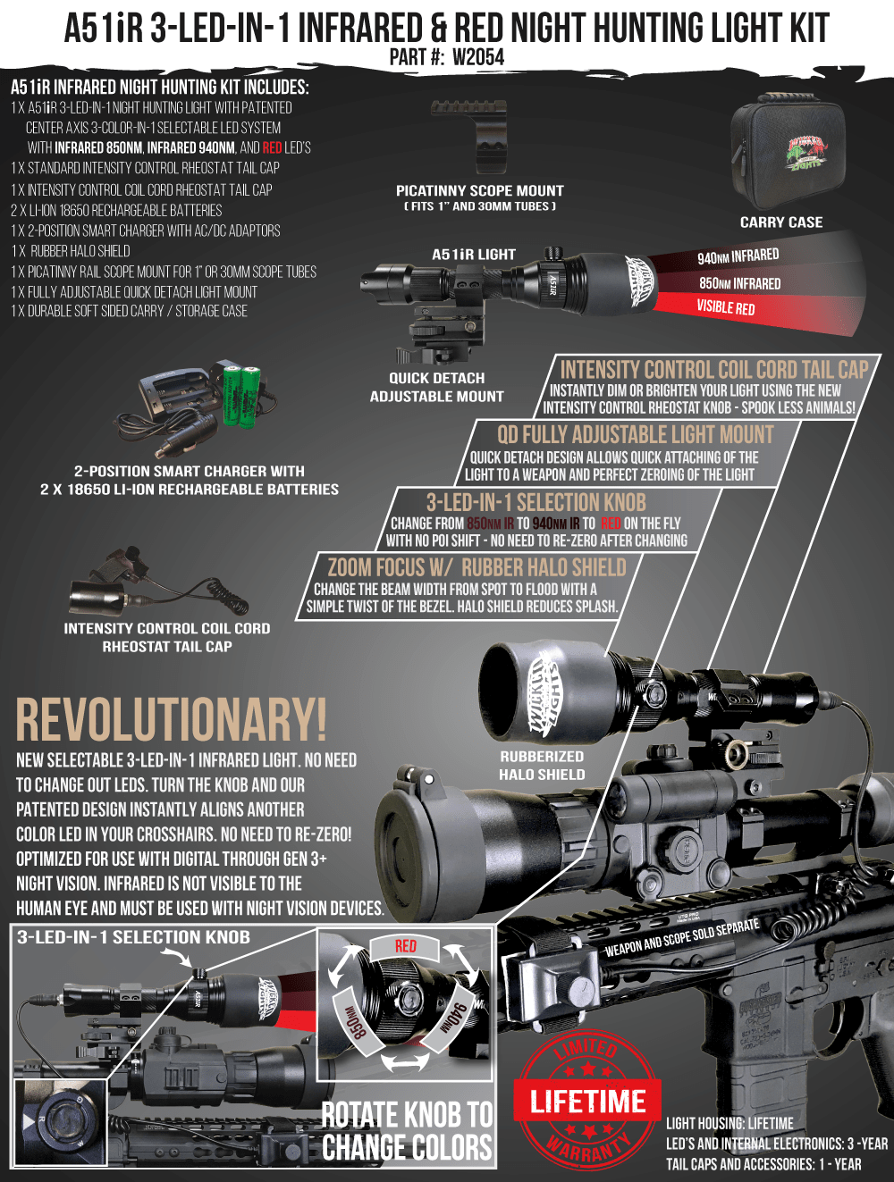 Wicked Lights A51iR 3-LED-In-1 Infrared & Red Night Hunting Light Kit for Night Vision W2054