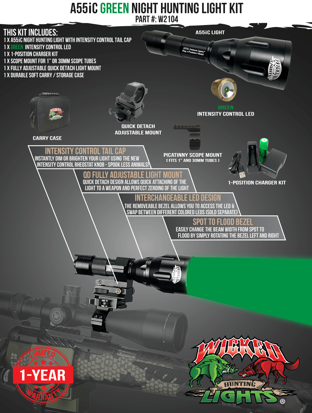 Wicked Lights A55iC Green Night Hunting Light Kit for Coyote, Hogs, Varmint, and Predator W2104