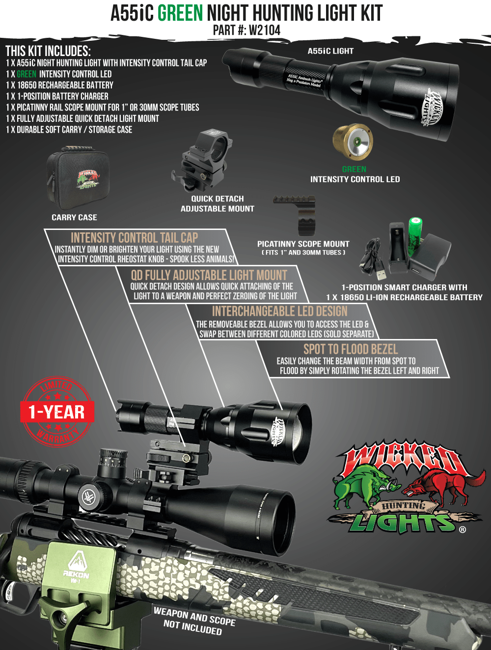 Wicked Lights A55iC Green Night Hunting Light Kit for Coyote, Hogs, Varmint, and Predator W2104