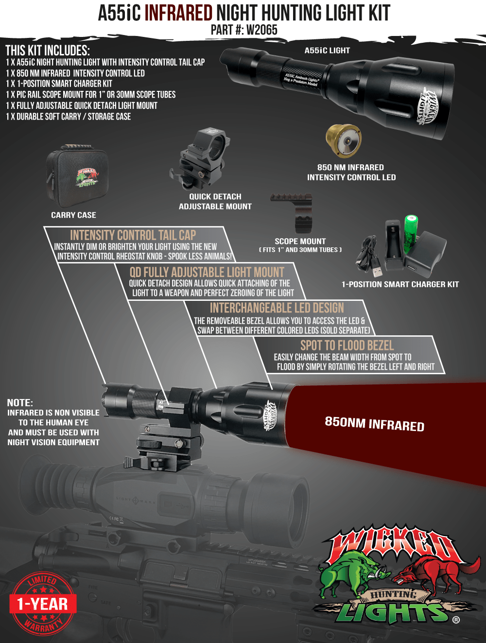 Wicked Lights A55iC 850nm Infrared Night Hunting Light Kit for Night Vision Devices for Coyote, Hogs, Varmint, and Predator W2065
