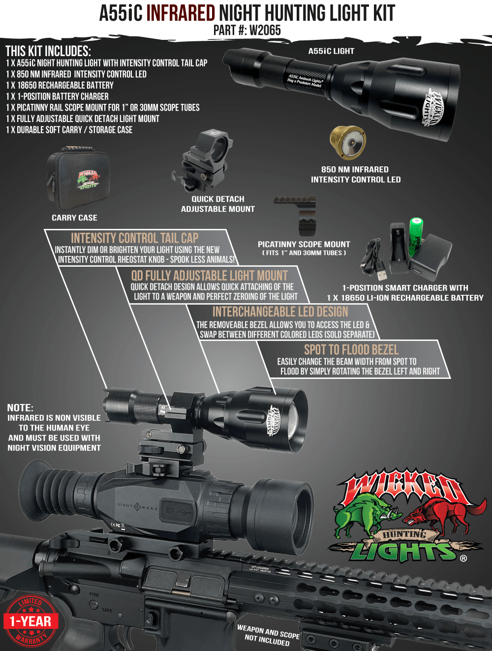 Wicked Lights A55iC 850nm Infrared Night Hunting Light Kit for Night Vision Devices for Coyote, Hogs, Varmint, and Predator W2065