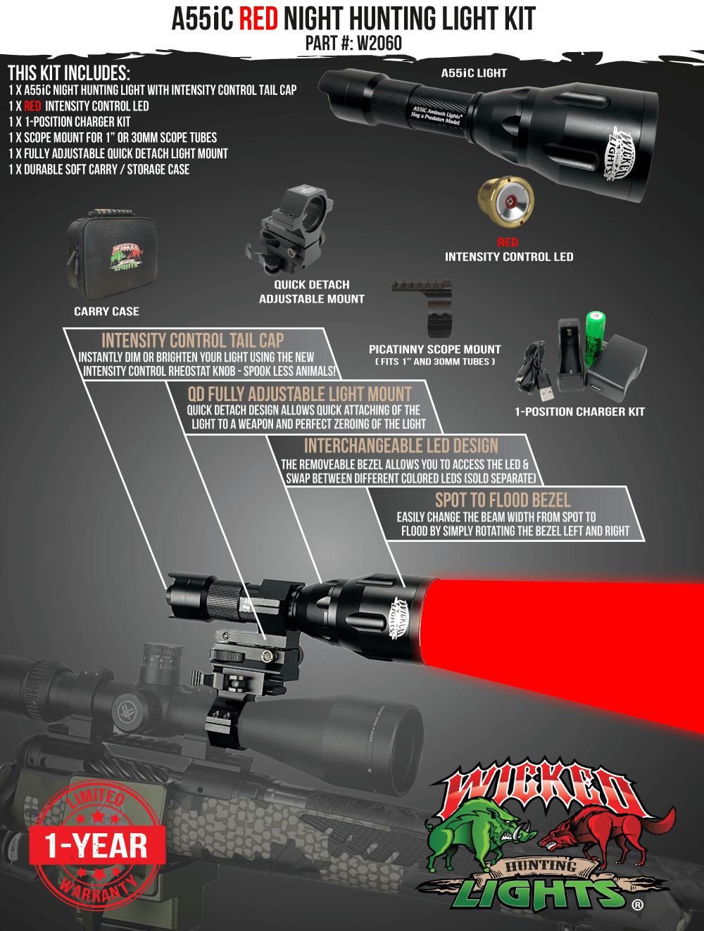 Wicked Lights A55iC Red Night Hunting Light Kit for Coyote, Hogs, Varmint, and Predator W2060
