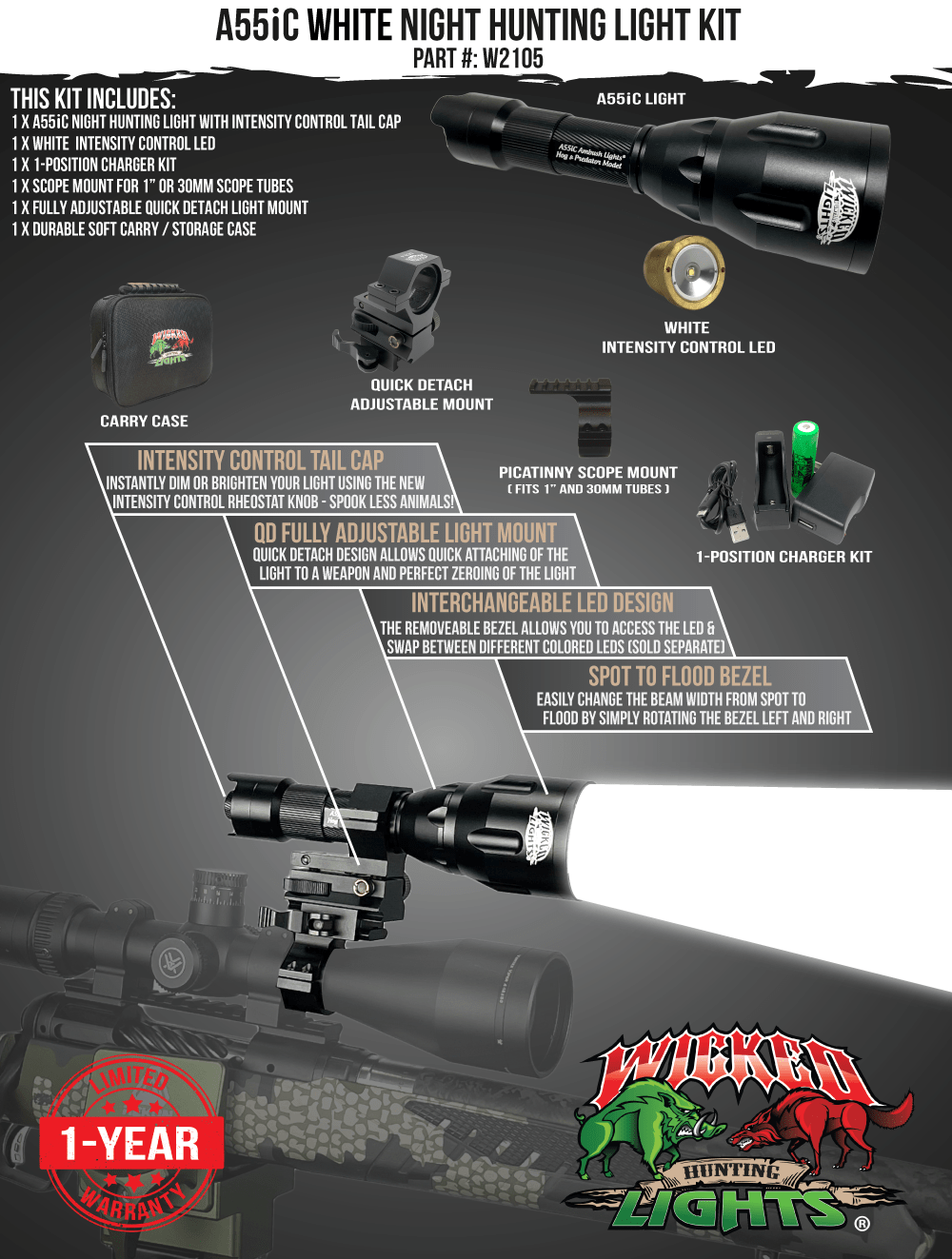 Wicked Lights A55iC White Night Hunting Light Kit for Coyote, Hogs, Varmint, and Predator W2105