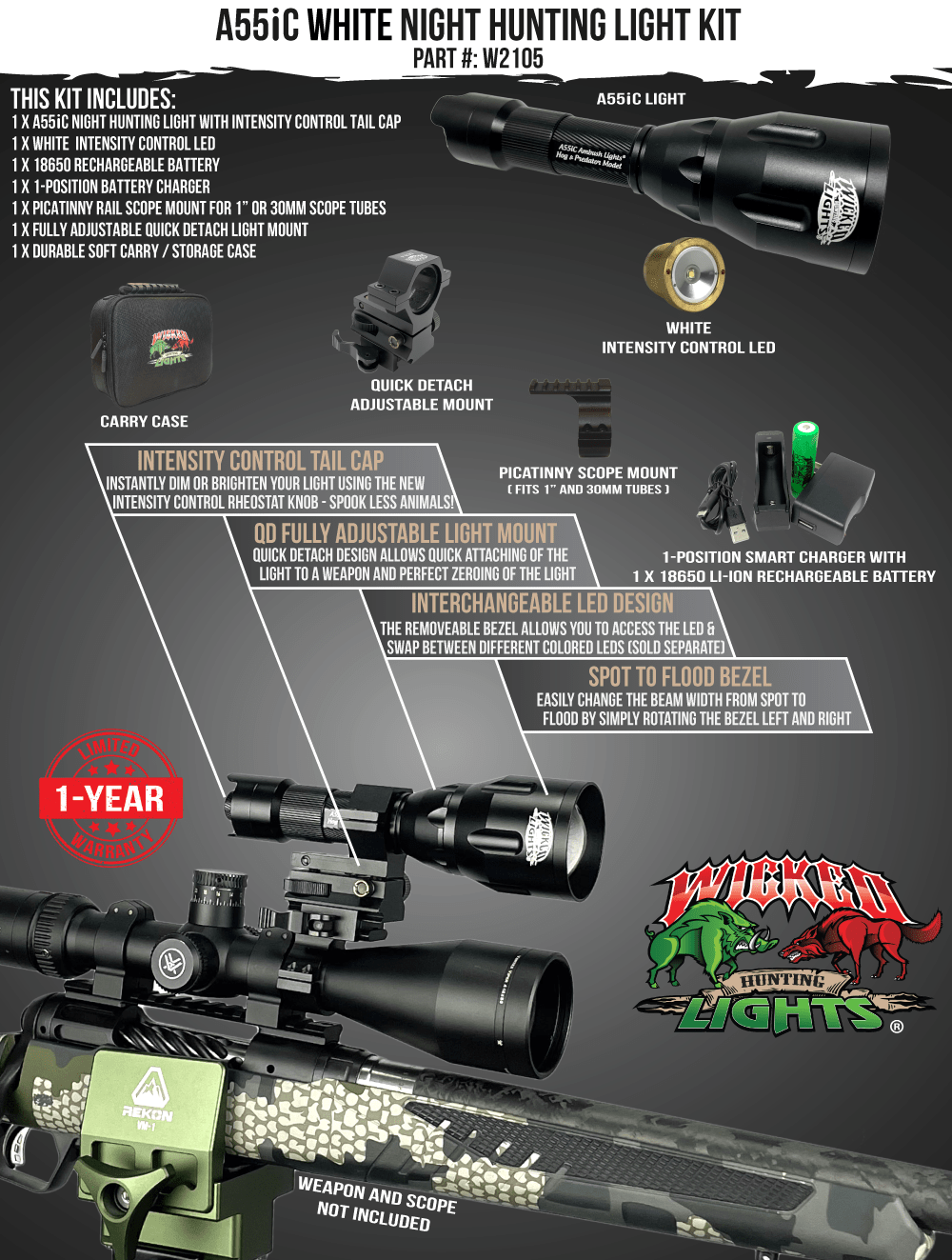 Wicked Lights A55iC White Night Hunting Light Kit for Coyote, Hogs, Varmint, and Predator W2105