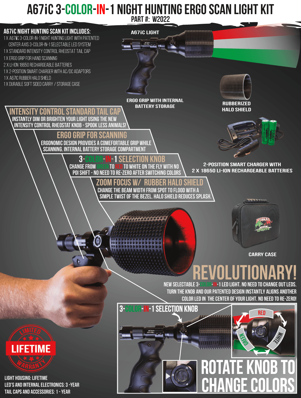 Wicked Lights A67iC 3-Color-In-1 Night Hunting Ergo Scan Light Flashlight Kit for foxes, coyotes, hogs W2022