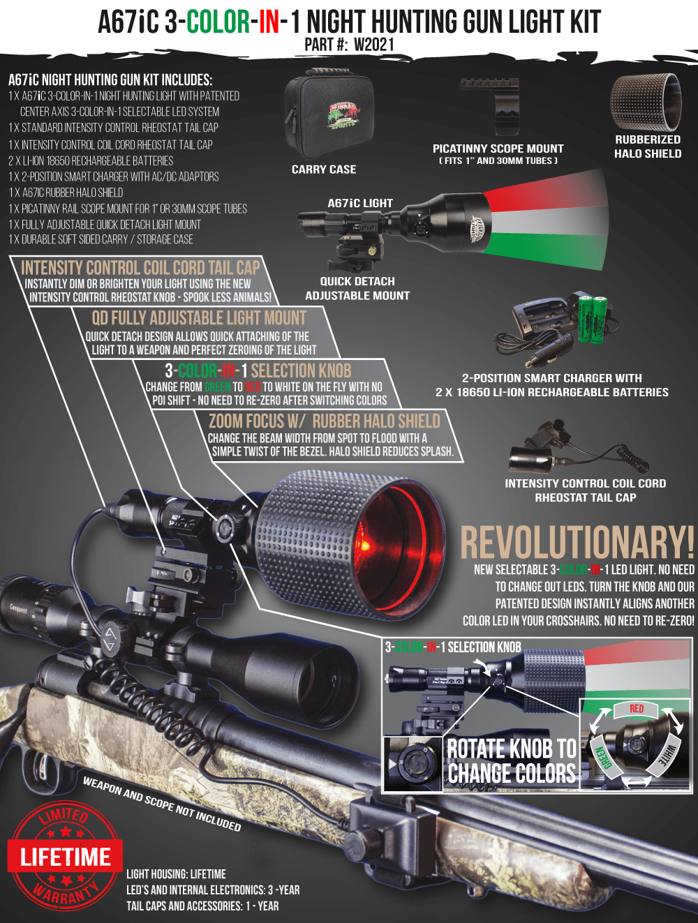 Wicked Lights A67iC 3-Color-In-1 (Green, Red, White) Night Hunting Light Kit for Coyote, Varmint, Hog, Predators W2021