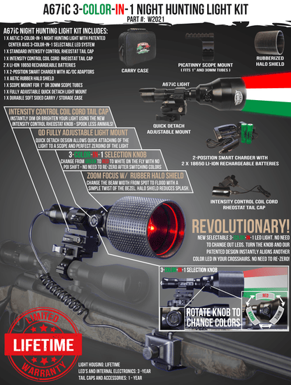 Wicked Lights A67iC 3-Color-In-1 (Green, Red, White) Night Hunting Light Kit for Coyote, Varmint, Hog, Predators W2021