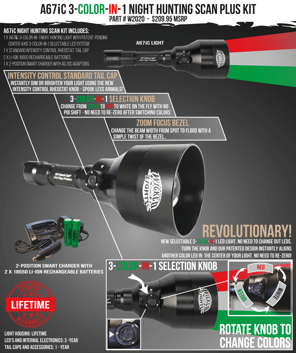 Wicked Lights A67iC 3-Color-In-1 Scan Plus Flashlight Night Hunting Light Kit for coyote hog varmints W2020