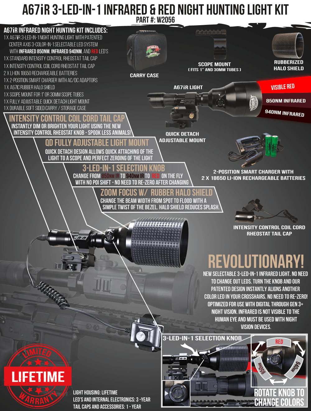 Wicked Lights A67iR 3-LED-In-1 Infrared & Red Night Hunting Light Kit for Night Vision W2056