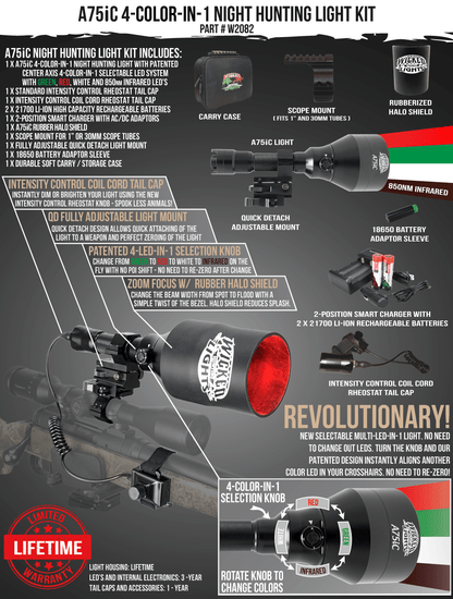 Wicked Lights A75iC 4-Color-In-1 (Red, 850nm Infrared (IR), Green, White) Night Hunting Light Kit For Coyote, Foxes, Hogs W2082