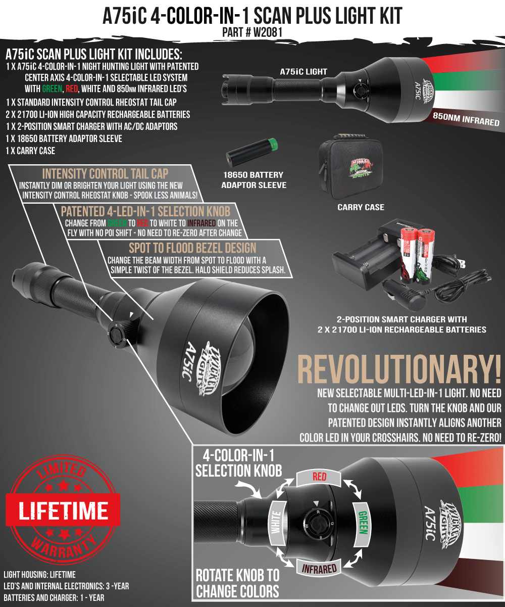 Wicked Lights® A75iC 4-Color-In-1 (Red, 850nm Infrared (IR), Green, White) Scan Plus Flashlight Night Hunting Light Kit W2081