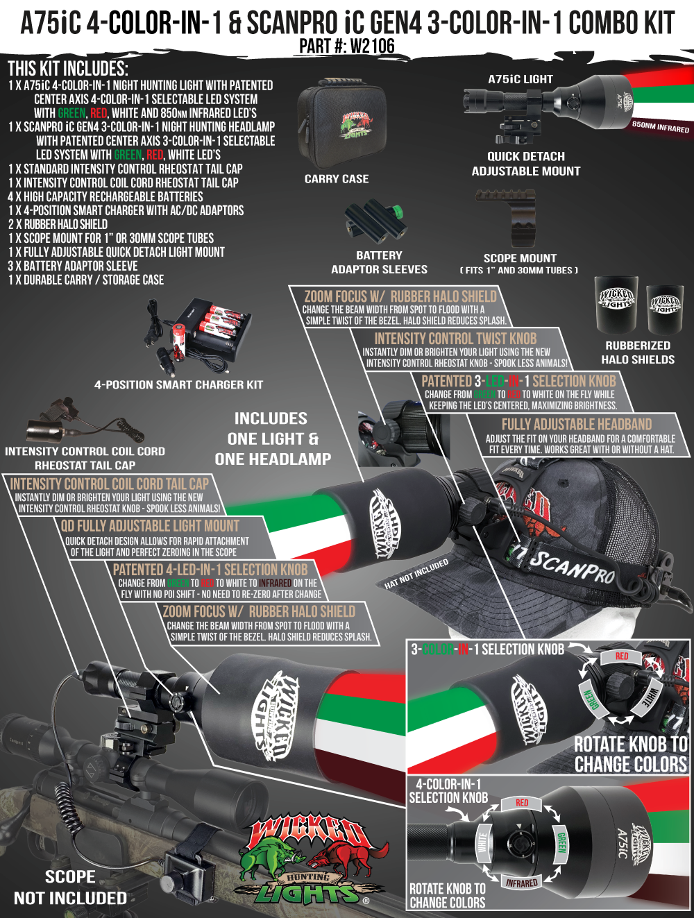 Wicked Lights A75iC 4-Color-In-1 and ScanPro iC GEN4 3-Color-In-1 Night Hunting Light and Headlamp Combo Pack W2106