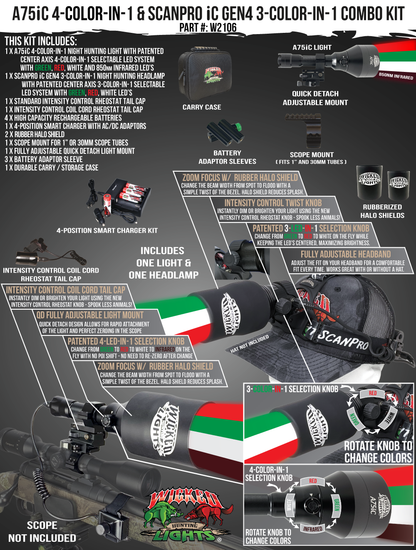 Wicked Lights A75iC 4-Color-In-1 and ScanPro iC GEN4 3-Color-In-1 Night Hunting Light and Headlamp Combo Pack W2106