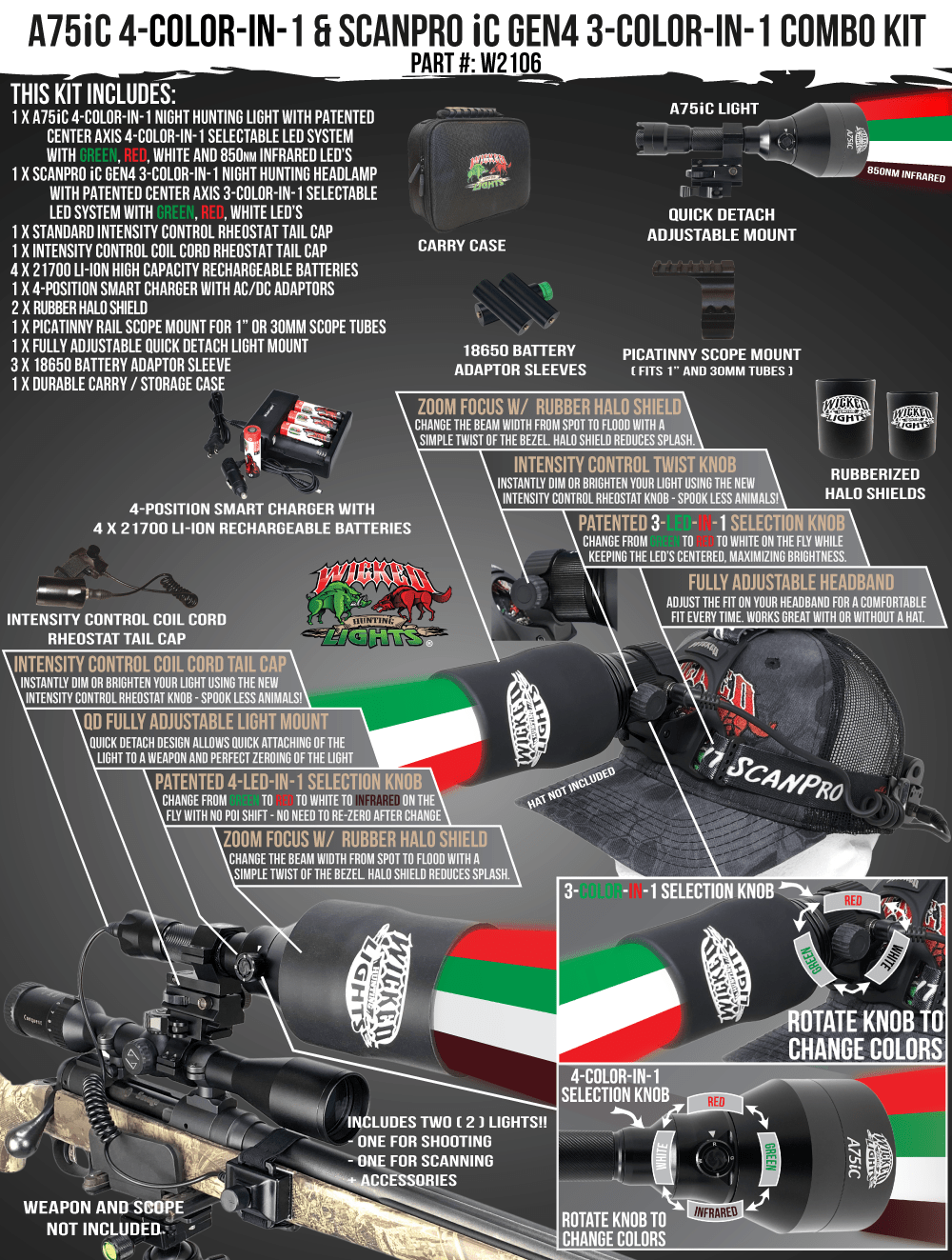 Wicked Lights A75iC 4-Color-In-1 and ScanPro iC GEN4 3-Color-In-1 Night Hunting Light and Headlamp Combo Pack W2106