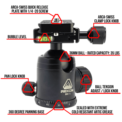 REKON CT-1 Carbon Fiber Tripod with BH-1 Ball Head and RTA2 Picatinny to Arca-Swiss Mount R003