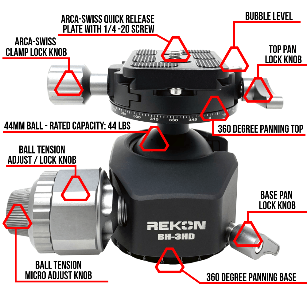 REKON CT-3HD Carbon Fiber Ambush™ Tripod with BH-3HD Ball Head and RTA2 Picatinny to Arca-Swiss Mount R024