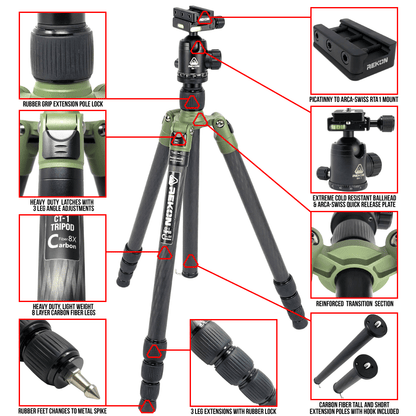 REKON CT-1 Carbon Fiber Tripod with BH-1 Ball Head and RTA2 Picatinny to Arca-Swiss Mount R003