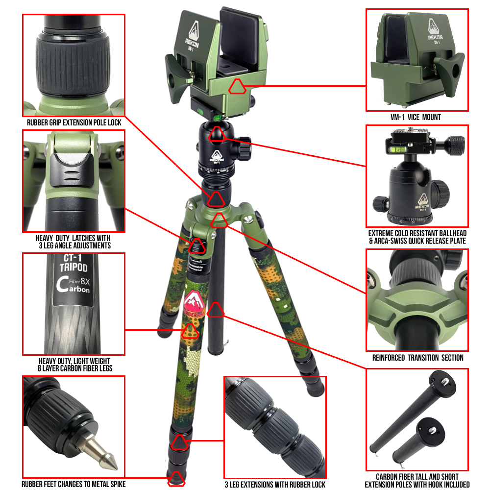 REKON CT-1 Carbon Fiber Tripod with BH-1 Ball Head, RTA2 Picatinny to Arca-Swiss Mount, and VM-1 Vice Mount R027