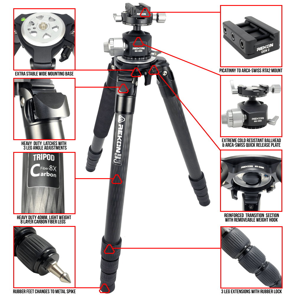 REKON CT-3HD Carbon Fiber Ambush™ Tripod with BH-3HD Ball Head and RTA2 Picatinny to Arca-Swiss Mount R024