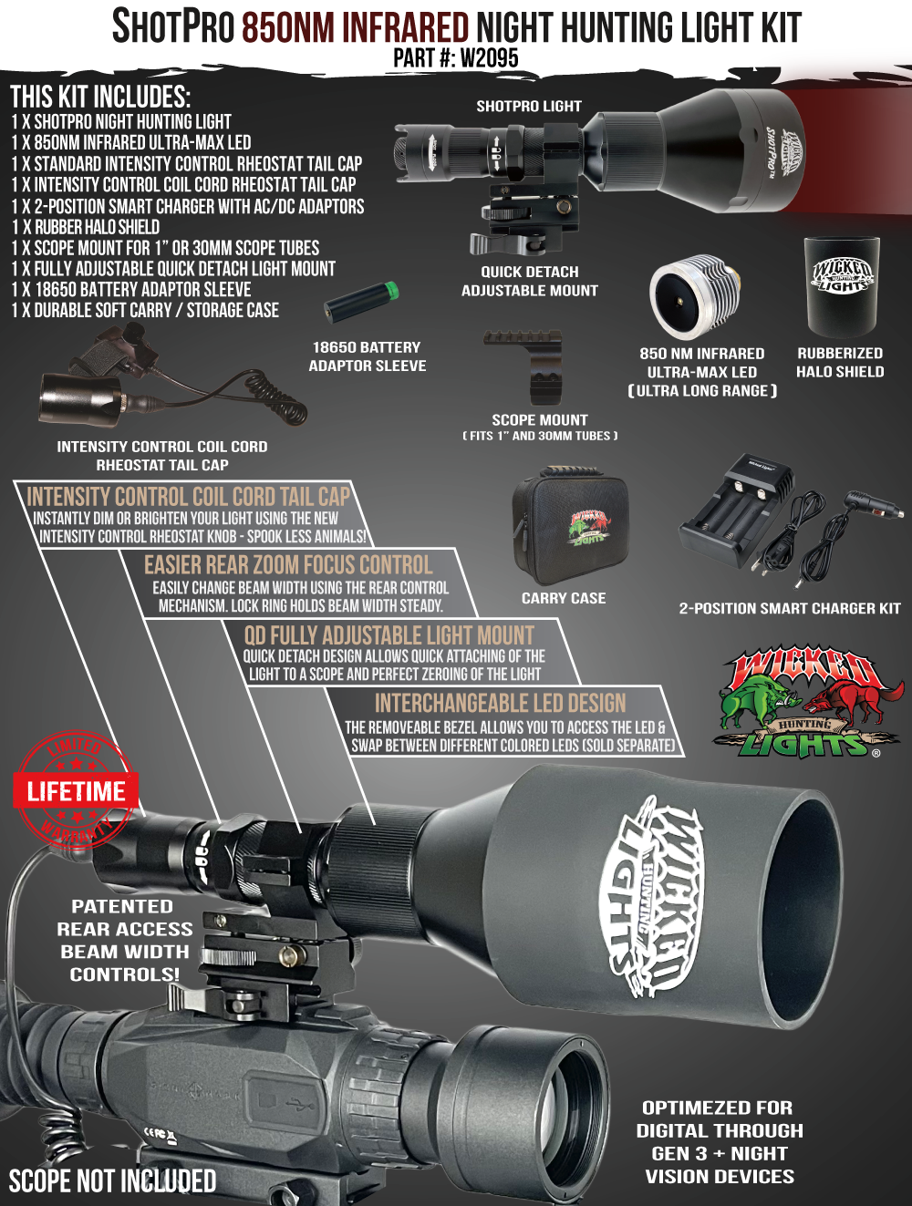 Wicked Lights ShotPro Extreme Range 850nm INFRARED (IR) Ultra-Max LED Night Hunting Light Kit for Night Vision, Hog, Coyote, and Predators W2095