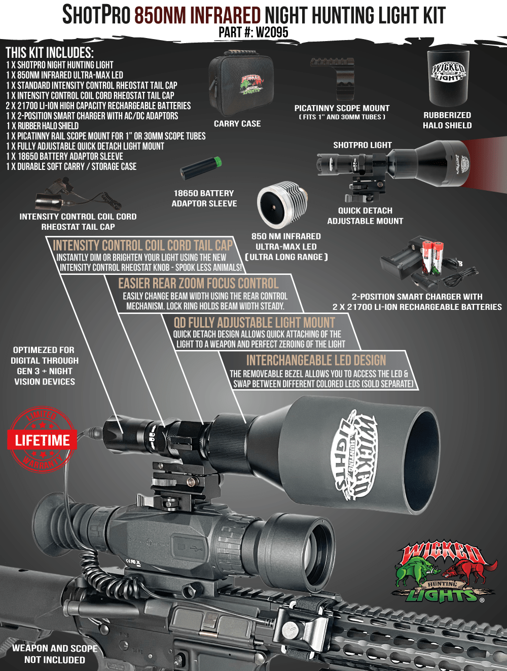 Wicked Lights® ShotPro™ Extreme Range 850nm INFRARED (IR) Ultra-Max LED Night Hunting Light Kit for Night Vision, Hog, Coyote, and Predators W2095