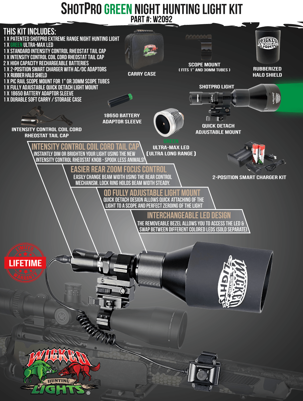 Wicked Lights ShotPro Extreme Range GREEN Ultra-Max LED Night Hunting Light Kit for Hog, Coyote, and Predators W2092