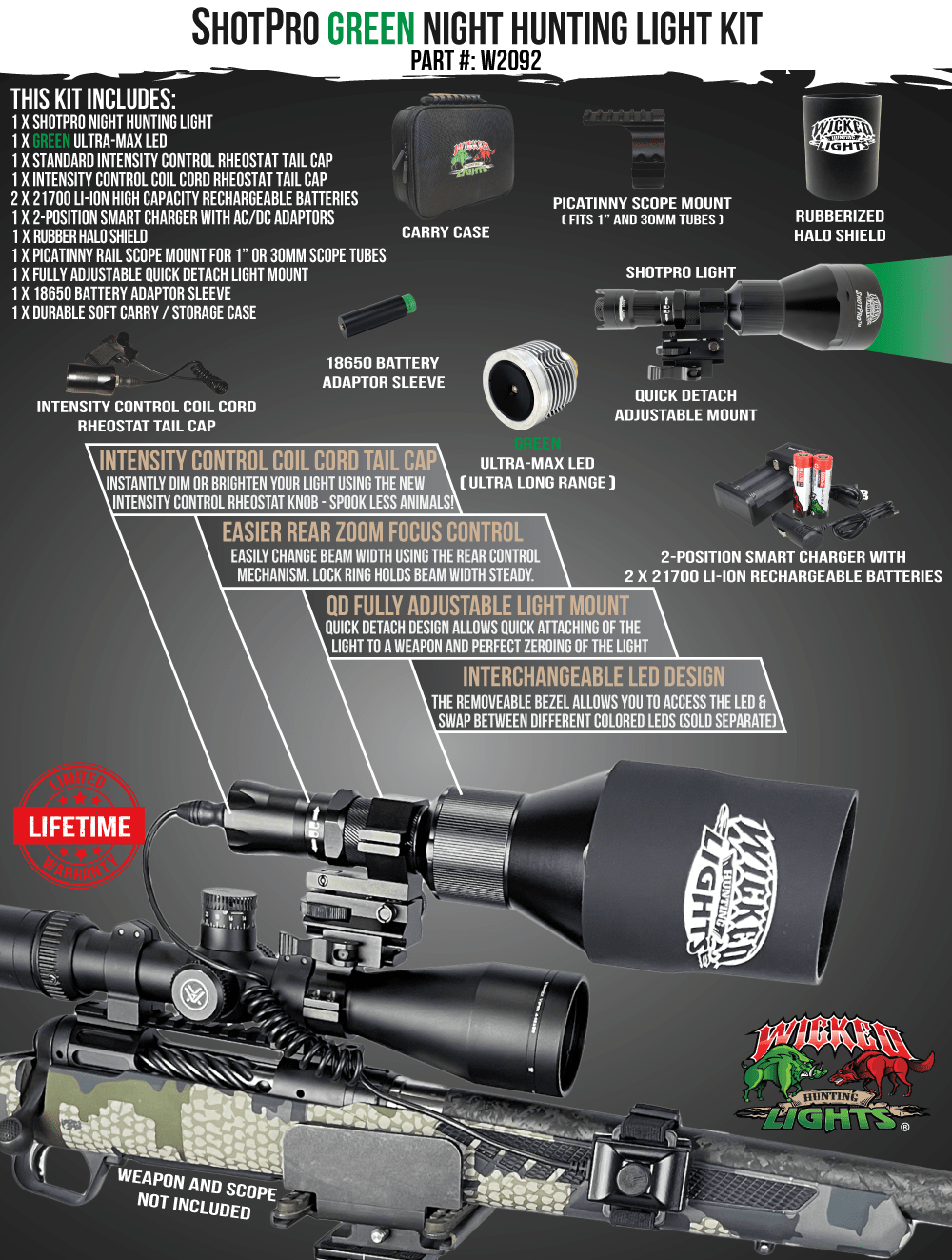 Wicked Lights® ShotPro™ Extreme Range GREEN Ultra-Max LED Night Hunting Light Kit for Hog, Coyote, and Predators W2092