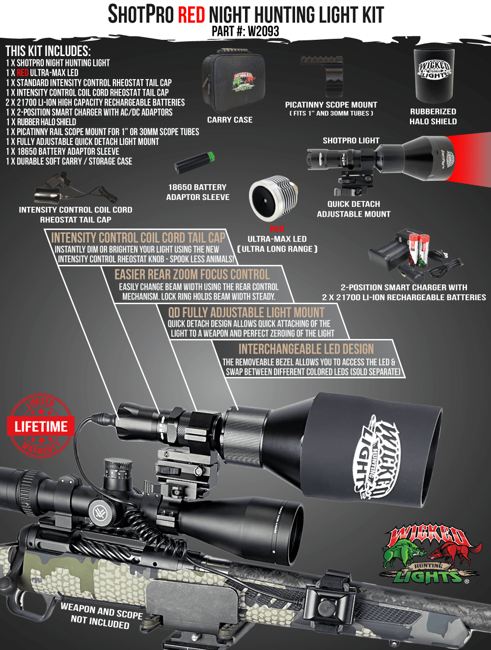 Wicked Lights® ShotPro™ Extreme Range RED Ultra-Max LED Night Hunting Light Kit for Hog, Coyote, and Predators W2093