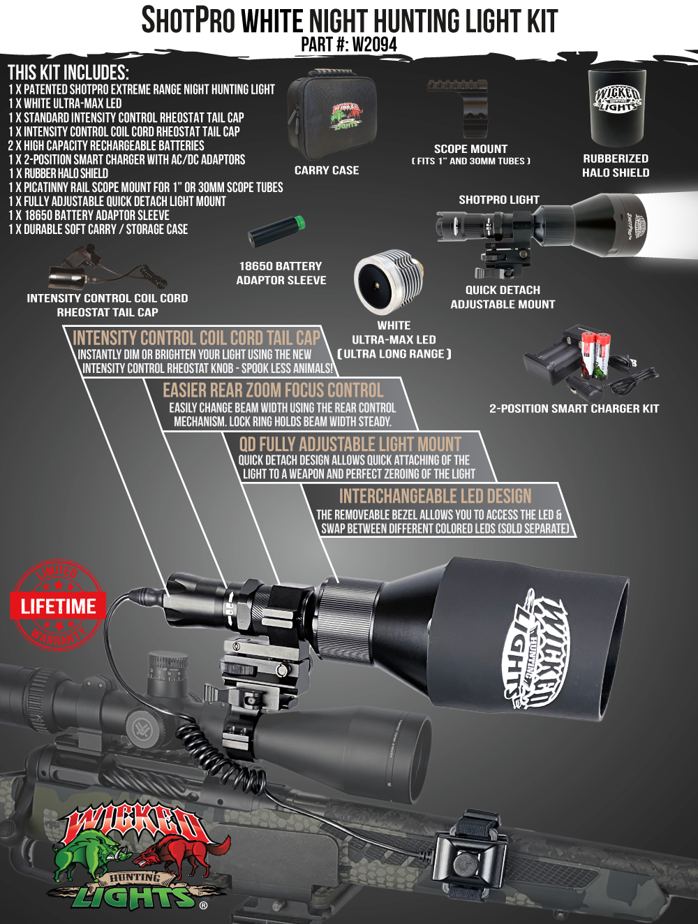 Wicked Lights ShotPro Extreme Range WHITE Ultra-Max LED Night Hunting Light Kit for Hog, Coyote, and Predators W2094