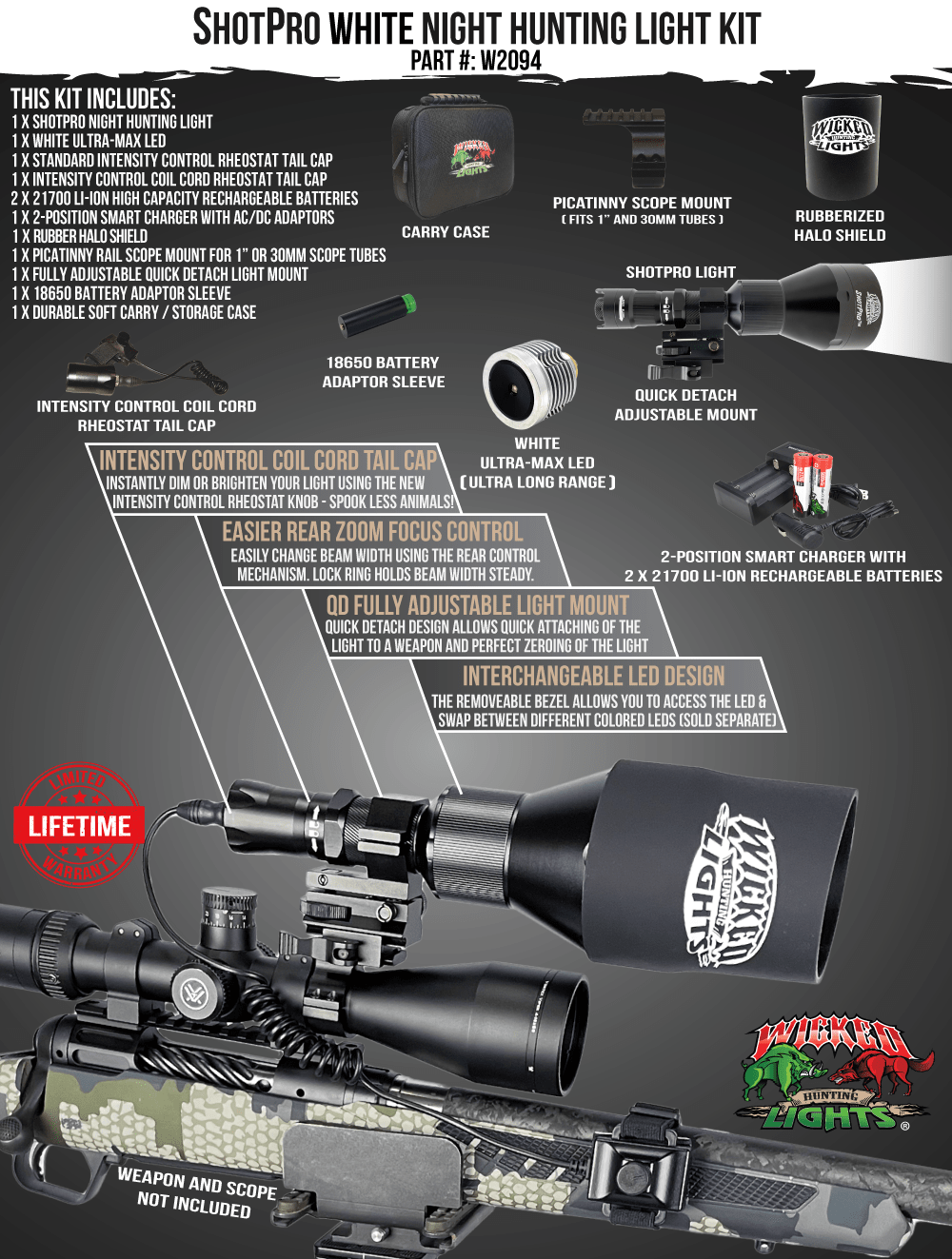 Wicked Lights® ShotPro™ Extreme Range WHITE Ultra-Max LED Night Hunting Light Kit for Hog, Coyote, and Predators W2094