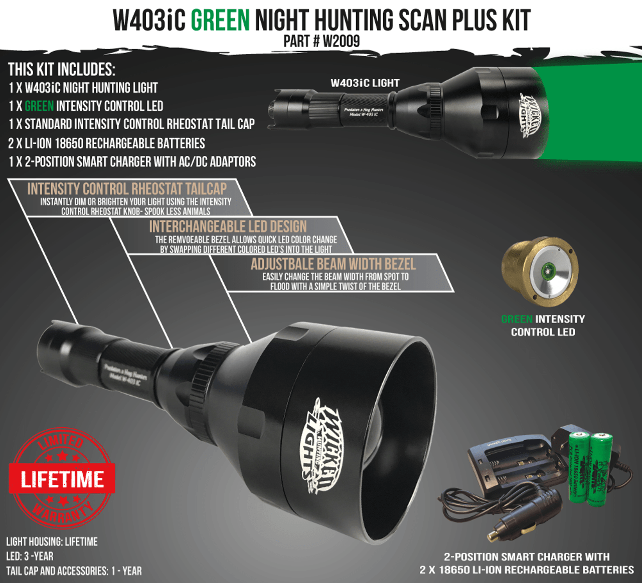 Wicked Lights™ W403iC Intensity Control Scan Plus Flashlight Night Hunting Light kit with GREEN LED for Predator, Varmints, and Hogs W2009