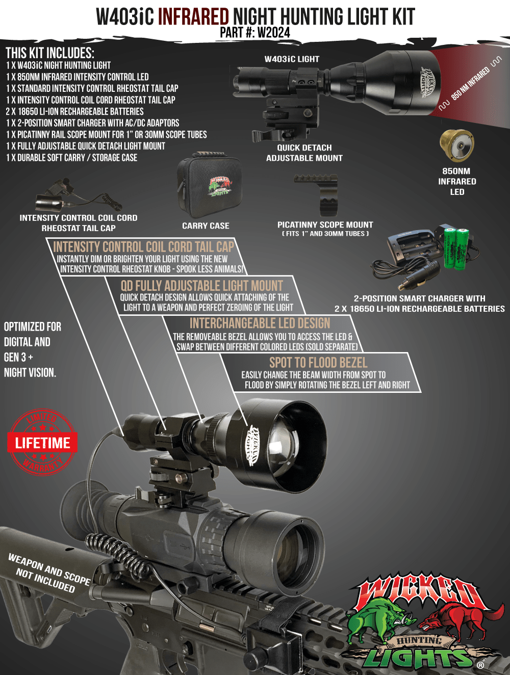 Wicked Lights W403iC 850nm INFRARED Night Hunting Light Kit for Night Vision, coyote, hog, fox, predator, varmints W2024