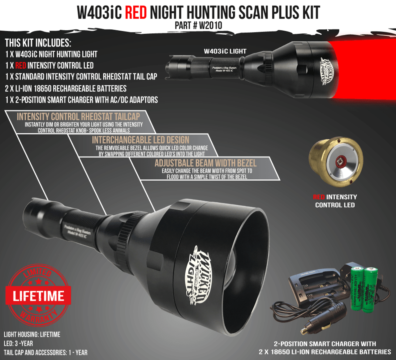 Wicked Lights™ W403iC Intensity Control Scan Plus Flashlight Night Hunting Light with RED LED for Predator, Varmints, and Hogs W2010