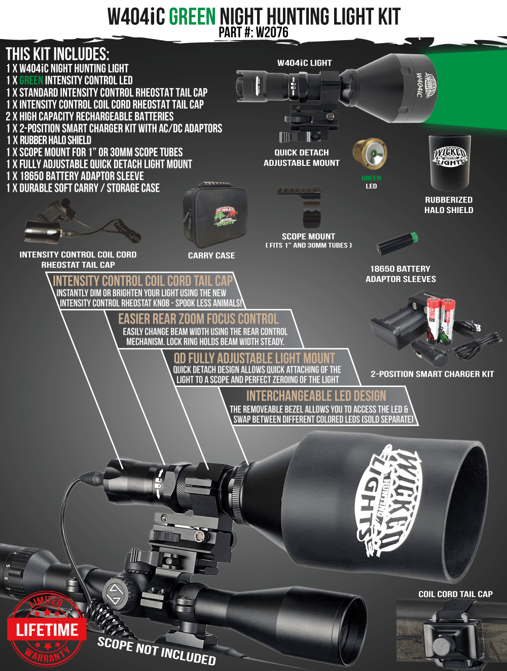 Wicked Lights® W404iC GREEN Night Hunting Light  Kit for Hog, Coyote, and Predators W2076
