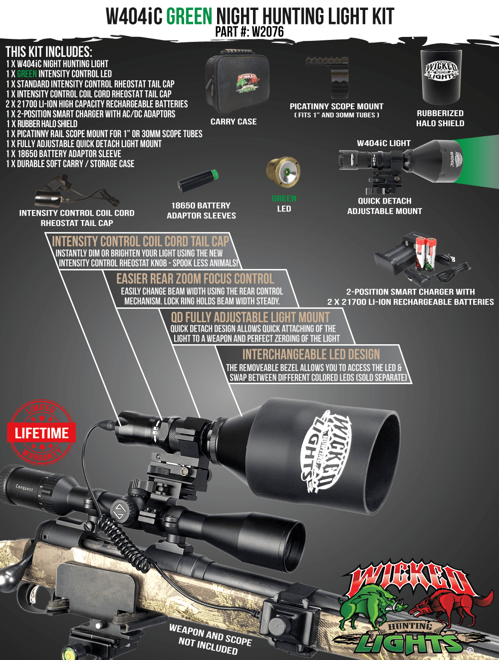 Wicked Lights® W404iC GREEN Night Hunting Light  Kit for Hog, Coyote, and Predators W2076