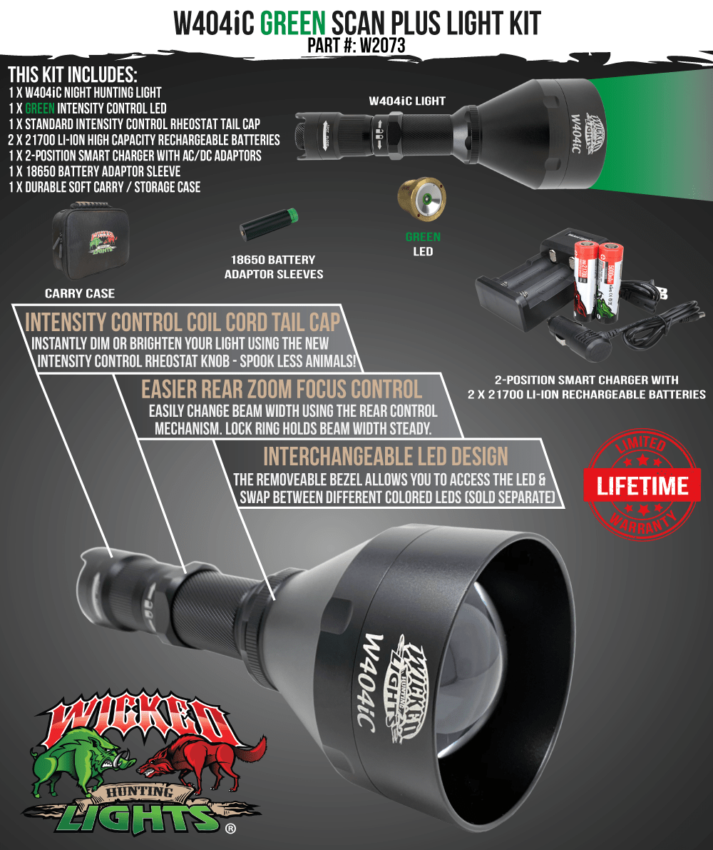 Wicked Lights® W404iC GREEN Scan Plus Flashlight Night Hunting Light for Hog, Coyote, and Predators W2073