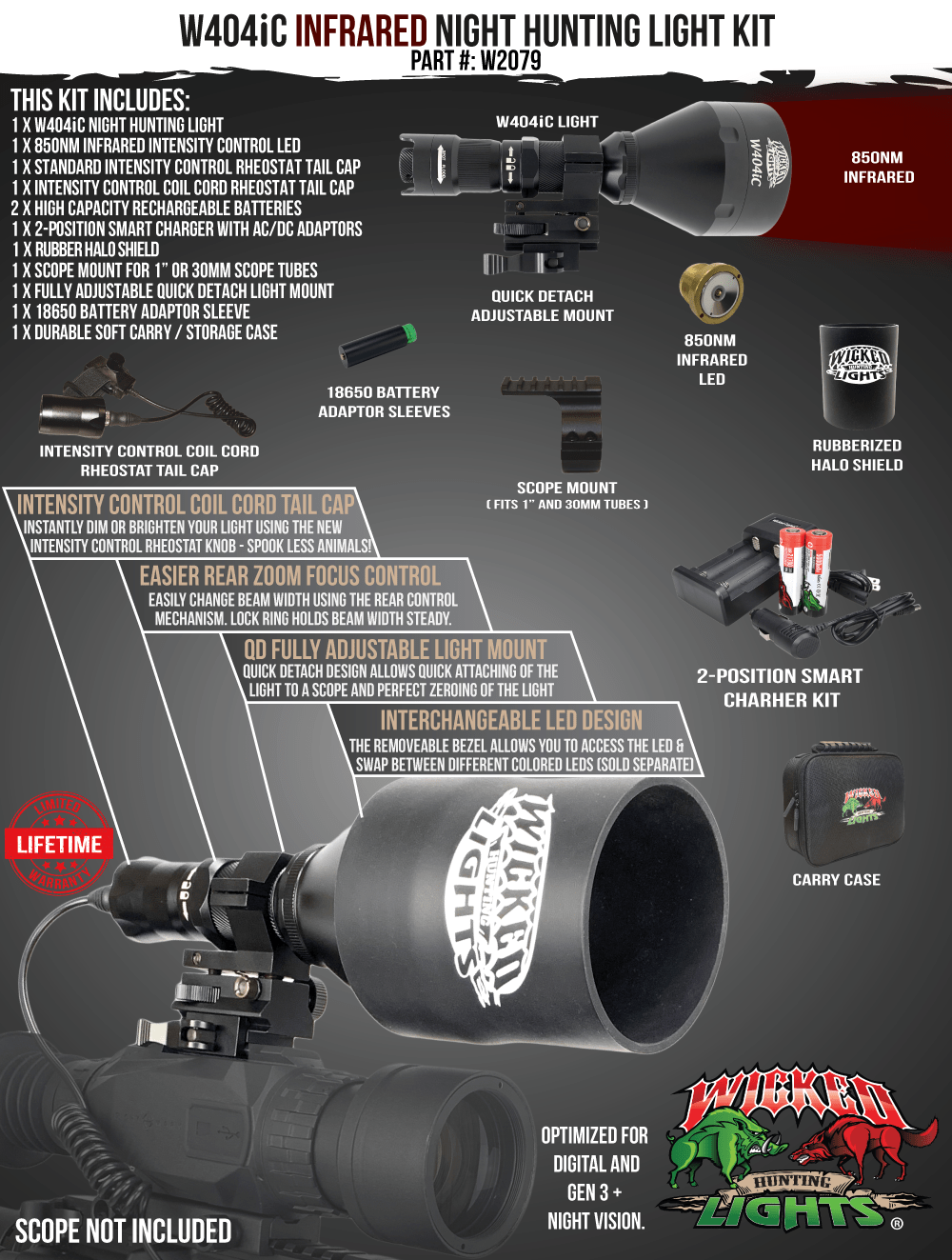 Wicked Lights® W404iC 850nm Infrared Night Hunting Light  Kit for Night Vision ,Hog, Coyote, and Predators W2079