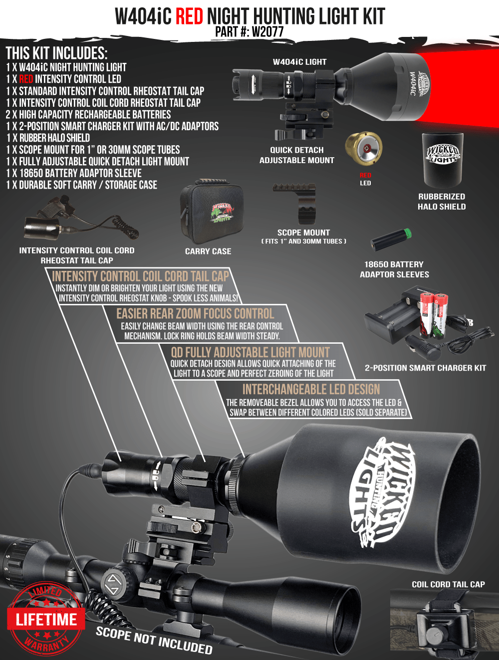 Wicked Lights® W404iC RED Night Hunting Light  Kit for Hog, Coyote, and Predators W2077