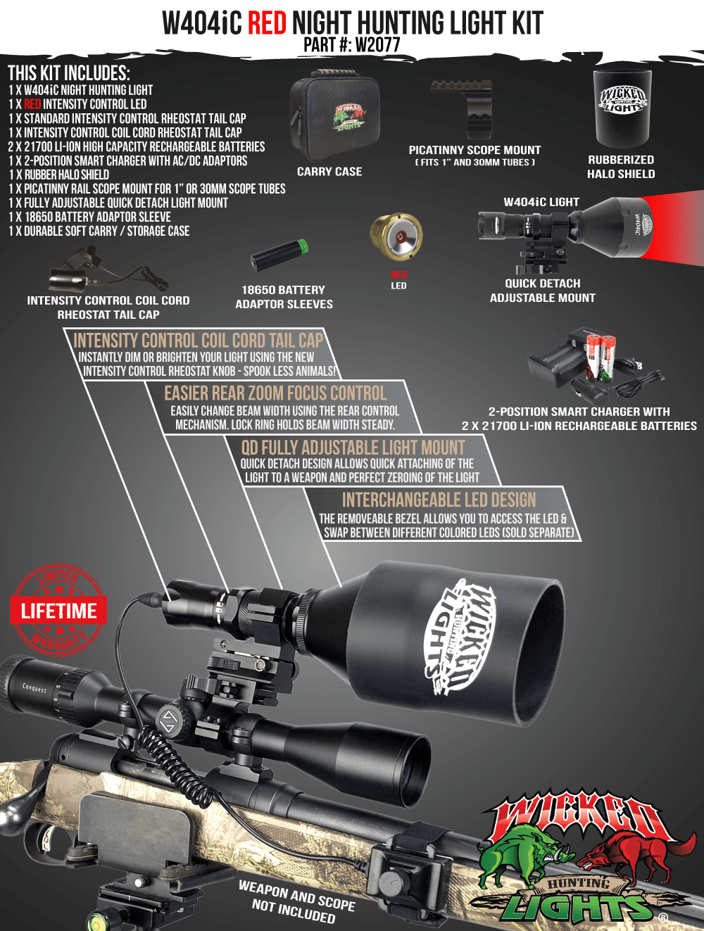 Wicked Lights® W404iC RED Night Hunting Light  Kit for Hog, Coyote, and Predators W2077