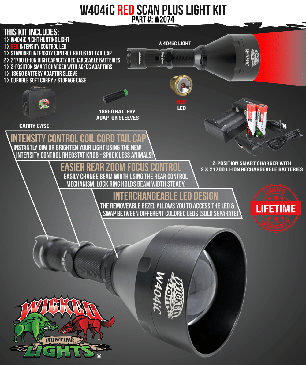 Wicked Lights® W404iC RED Scan Plus Flashlight Night Hunting Light for Hog, Coyote, and Predators W2074